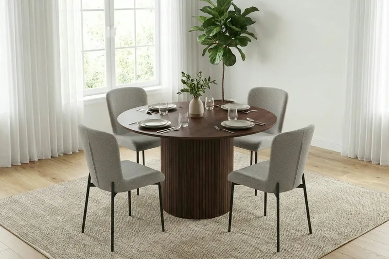 Kopparbo Matgrupp runt 110 cm Valnöt med 4 Elsie Matstolar - Valnöt/Ljusgrå - Möbler - Matplats - Matgrupp & matbord med stolar