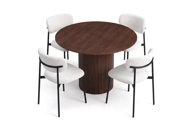Kopparbo Matgrupp runt 110 cm Valnöt med 4 Lucy Matstolar - Valnöt/Vit - Möbler - Matplats - Matgrupp & matbord med stolar