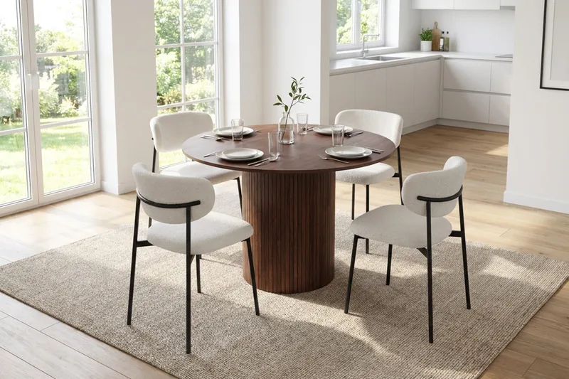 Kopparbo Matgrupp runt 110 cm Valnöt med 4 Lucy Matstolar - Valnöt/Vit - Möbler - Matplats - Matgrupp & matbord med stolar