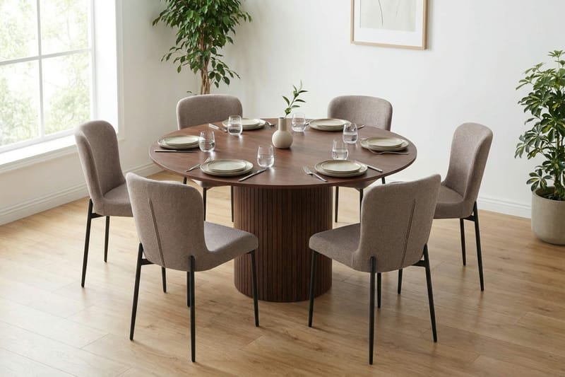 Kopparbo Matgrupp runt 130 cm Valnöt med 6 Elsie Matstolar - Valnöt/Grå - Möbler - Matplats - Matgrupp & matbord med stolar