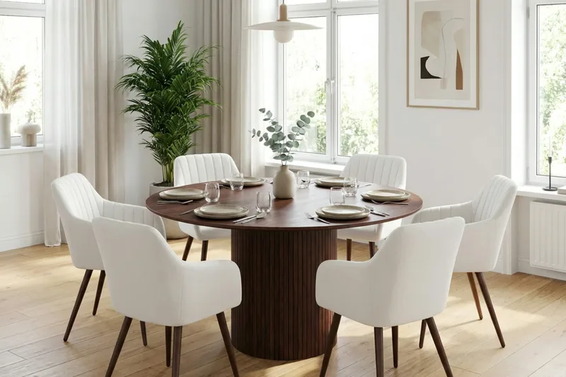 Kopparbo Matgrupp runt 130 cm Valnöt med 6 Filippa Matstolar - Valnöt - Möbler - Matplats - Matgrupp & matbord med stolar