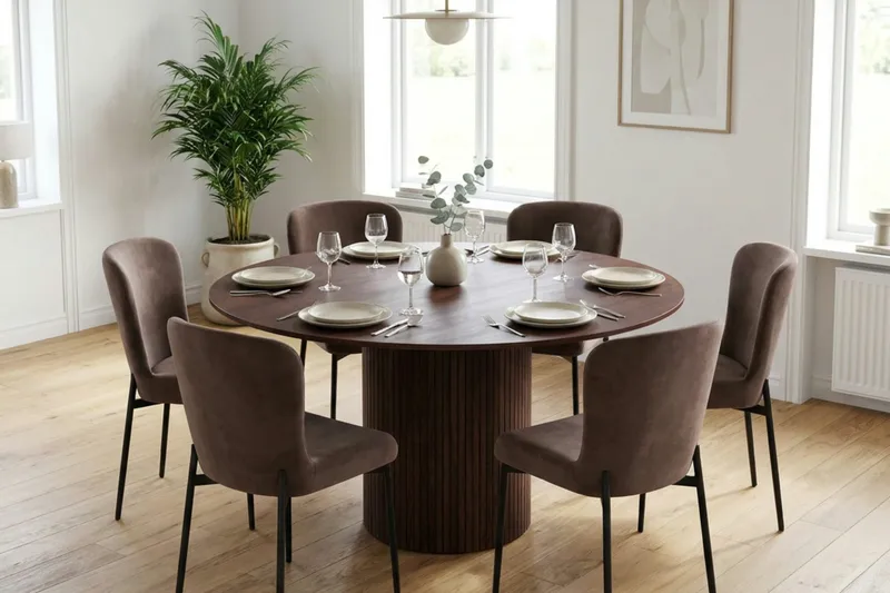 Kopparbo Matgrupp runt 150 cm Valnöt med 6 Elsie Matstolar - Valnöt/Brun - Möbler - Matplats - Matgrupp & matbord med stolar
