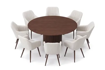 Kopparbo Matgrupp runt 180 cm Valnöt med 8 Filippa Matstolar - Valnöt - Möbler - Matplats - Matgrupp & matbord med stolar