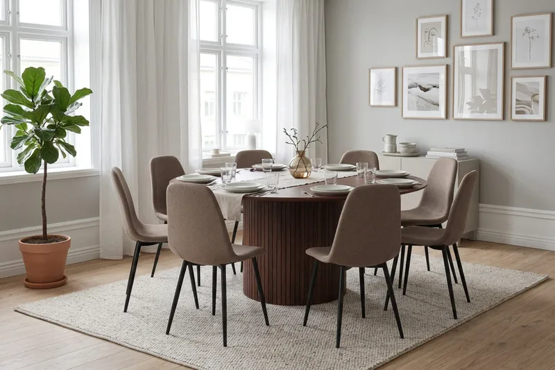 Kopparbo Matgrupp runt 180 cm Valnöt med 8 Nibe Matstolar - Valnöt - Möbler - Matplats - Matgrupp & matbord med stolar