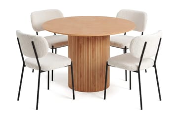 Kopparbo Rund Matgrupp 110 cm – Matbord i Trä med Ekutseende och 4 Klädda Gemmiano Matstolar - Brun|Vit - Möbler - Matplats - Matgrupp & matbord med stolar
