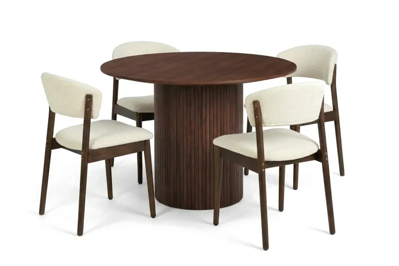 Kopparbo Rund Matgrupp 110 cm – Matbord med 4 Nala Matstolar i Trä med Valnötsutseende - Brun|Beige - Möbler - Matplats - Matgrupp & matbord med stolar