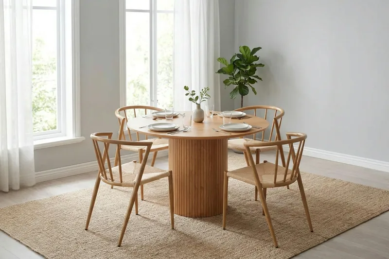 Kopparbo Rund Matgrupp 110 cm – Matbord med 4 Winston Matstolar i Trä med Ekutseende - Natur - Möbler - Matplats - Matgrupp & matbord med stolar