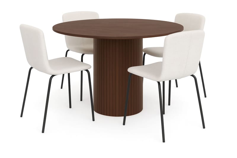 Kopparbo Runt Matbord 120 cm för 6 personer med 4 Katy Matstolar, Mörkbrun / Vit Bouclé / Metallben Svart