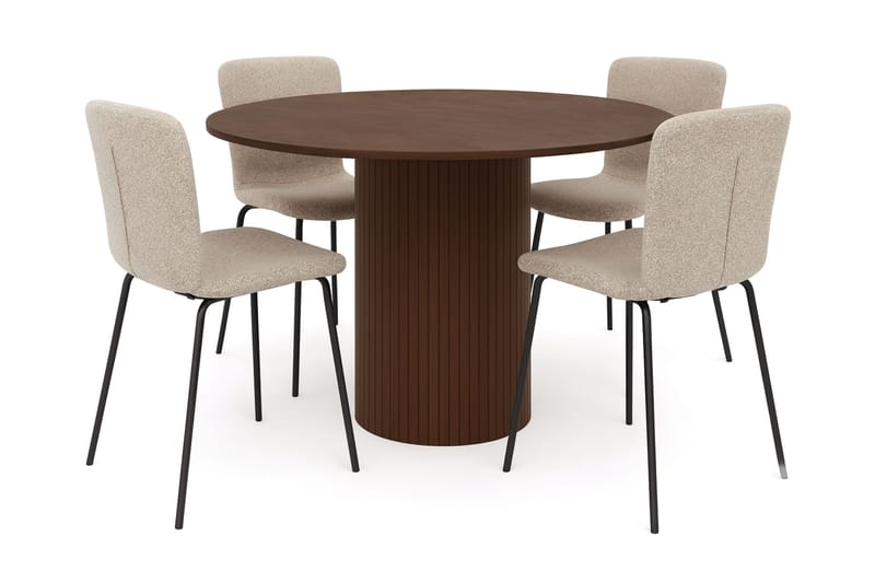 Kopparbo Runt Matbord 120 cm för 6 personer med 4 Katy Matstolar, Mörkbrun / Greige Bouclé / Metallben Svart