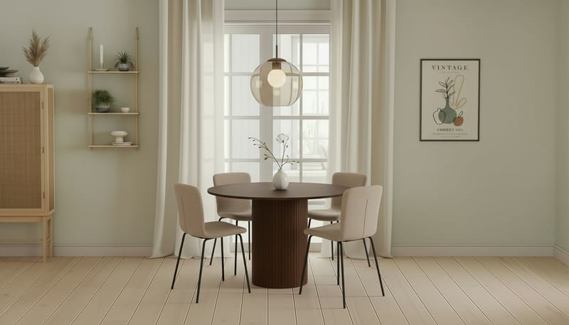 Kopparbo Runt Matbord 120 cm för 6 personer med 4 Katy Matstolar - Mörkbrun / Greige Bouclé / Metallben Svart - Möbler - Matplats - Matgrupp & matbord med stolar