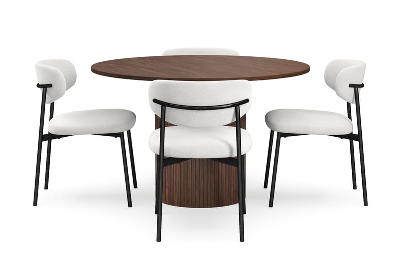 Kopparbo Runt Matbord 120 cm för 6 personer med 4 Lucy Matstolar - Mörkbrun / Vit Bouclé / Metallben Svart - Möbler - Matplats - Matgrupp & matbord med stolar