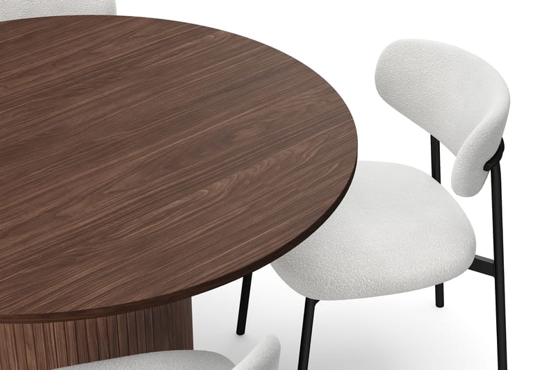 Kopparbo Runt Matbord 120 cm för 6 personer med 4 Lucy Matstolar - Mörkbrun / Vit Bouclé / Metallben Svart - Möbler - Matplats - Matgrupp & matbord med stolar
