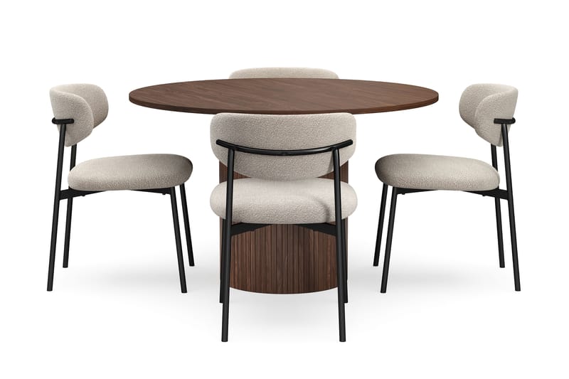 Kopparbo Runt Matbord 120 cm för 6 personer med 4 Lucy Matstolar - Mörkbrun / Greige Bouclé / Metallben Svart - Möbler - Matplats - Matgrupp & matbord med stolar