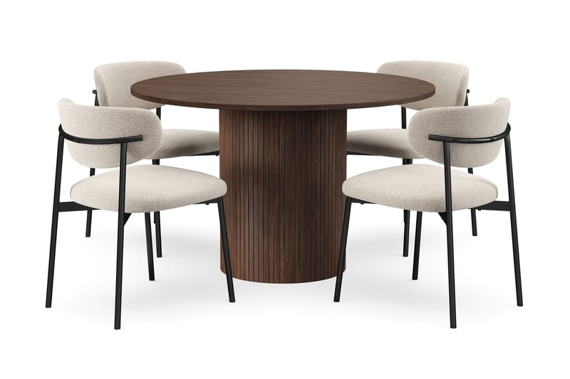 Kopparbo Runt Matbord 120 cm för 6 personer med 4 Lucy Matstolar, Mörkbrun / Greige Bouclé / Metallben Svart