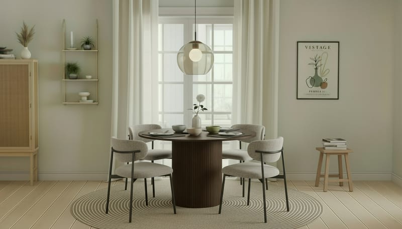 Kopparbo Runt Matbord 120 cm för 6 personer med 4 Lucy Matstolar - Mörkbrun / Greige Bouclé / Metallben Svart - Möbler - Matplats - Matgrupp & matbord med stolar