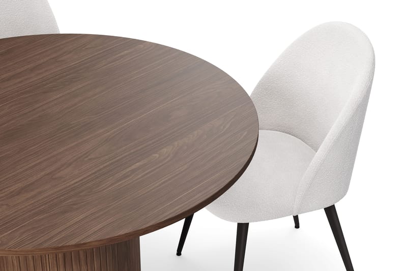 Kopparbo Runt Matbord 120 cm för 6 personer med 4 Nibe Plus Matstolar - Mörkbrun / Vit Bouclé / Metallben Valnöt - Möbler - Matplats - Matgrupp & matbord med stolar