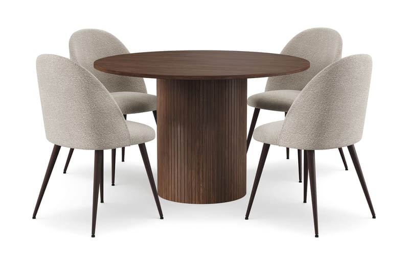 Kopparbo Runt Matbord 120 cm för 6 personer med 4 Nibe Plus Matstolar, Mörkbrun / Greige Bouclé / Metallben Valnöt
