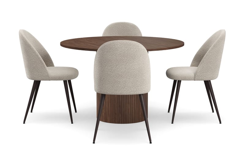 Kopparbo Runt Matbord 120 cm för 6 personer med 4 Nibe Plus Matstolar - Mörkbrun / Greige Bouclé / Metallben Valnöt - Möbler - Matplats - Matgrupp & matbord med stolar