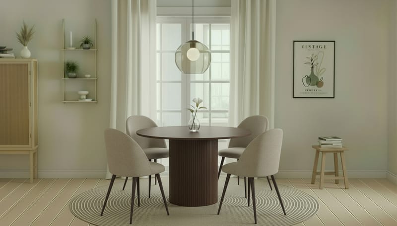 Kopparbo Runt Matbord 120 cm för 6 personer med 4 Nibe Plus Matstolar - Mörkbrun / Greige Bouclé / Metallben Valnöt - Möbler - Matplats - Matgrupp & matbord med stolar