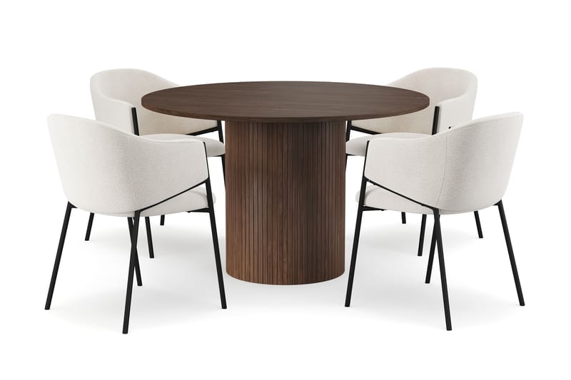 Kopparbo Runt Matbord 120 cm för 6 personer med 4 Filip Matstolar, Mörkbrun / Vit Bouclé