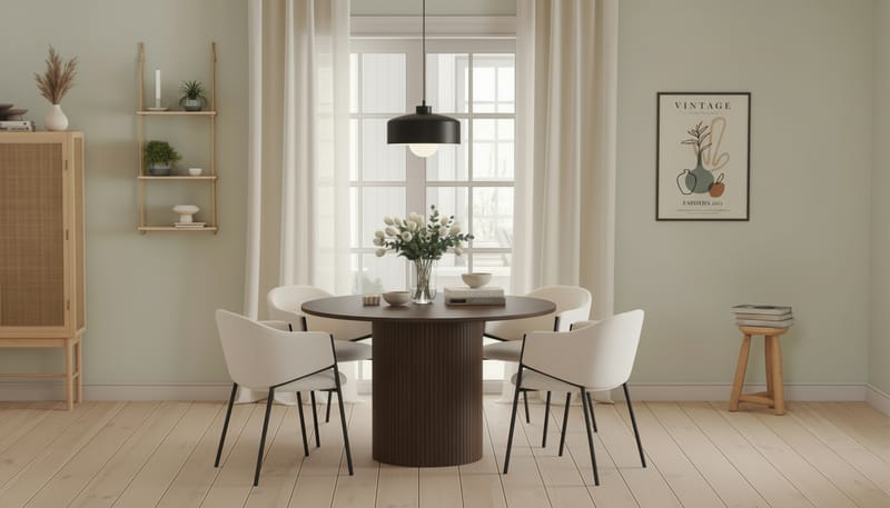 Kopparbo Runt Matbord 120 cm för 6 personer med 4 Filip Matstolar - Mörkbrun / Vit Bouclé - Möbler - Matplats - Matgrupp & matbord med stolar