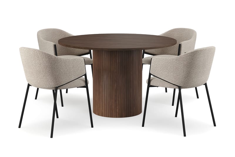 Kopparbo Runt Matbord 120 cm för 6 personer med 4 Filip Matstolar, Mörkbrun / Taupe Bouclé