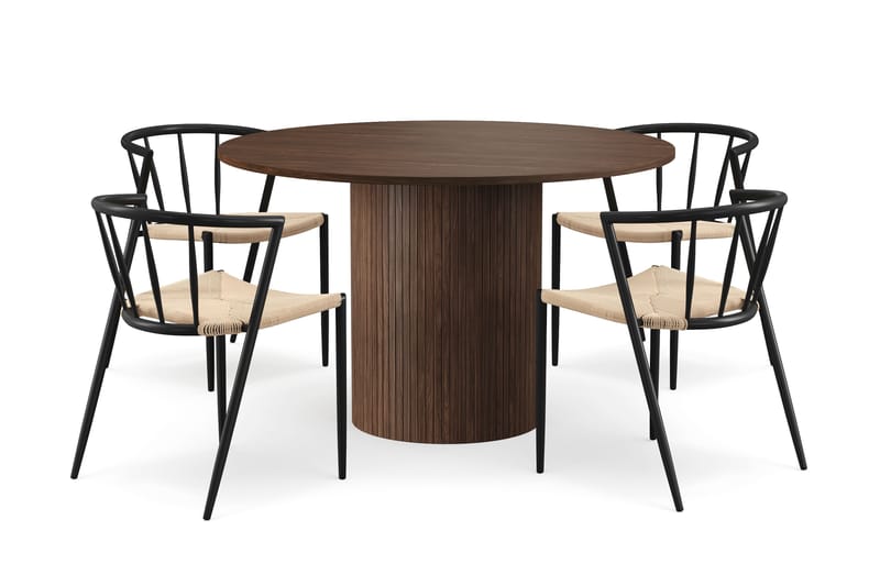 Kopparbo Runt Matbord 120 cm för 6 personer med 4 Winston Matstolar, Mörkbrun / Beige / Metallben Svart