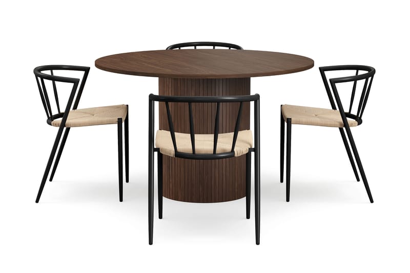 Kopparbo Runt Matbord 120 cm för 6 personer med 4 Winston Matstolar - Mörkbrun / Beige / Metallben Svart - Möbler - Matplats - Matgrupp & matbord med stolar