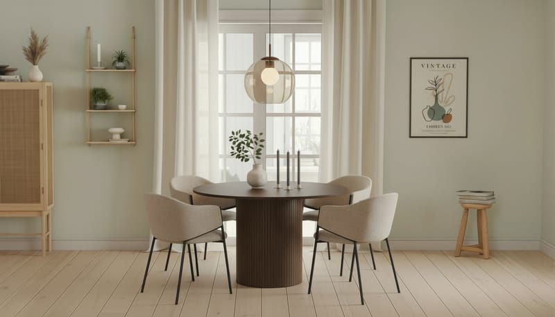 Kopparbo Runt Matbord 120 cm med 4 Filip Matstolar - Mörkbrun / Taupe Bouclé - Möbler - Matplats - Matgrupp & matbord med stolar