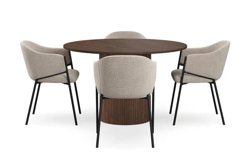 Kopparbo Runt Matbord 120 cm med 4 Filip Matstolar - Mörkbrun / Taupe Bouclé - Möbler - Matplats - Matgrupp & matbord med stolar