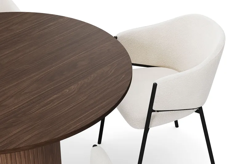 Kopparbo Runt Matbord 120 cm med 4 Filip Matstolar - Mörkbrun / Vit Bouclé - Möbler - Matplats - Matgrupp & matbord med stolar