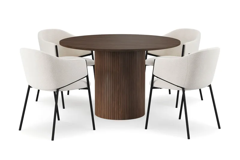Kopparbo Runt Matbord 120 cm med 4 Filip Matstolar, Mörkbrun / Vit Bouclé