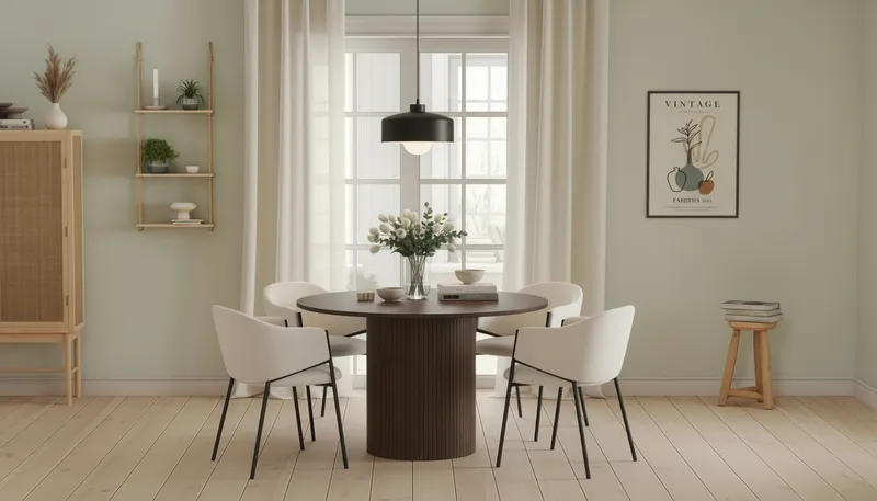 Kopparbo Runt Matbord 120 cm med 4 Filip Matstolar - Mörkbrun / Vit Bouclé - Möbler - Matplats - Matgrupp & matbord med stolar