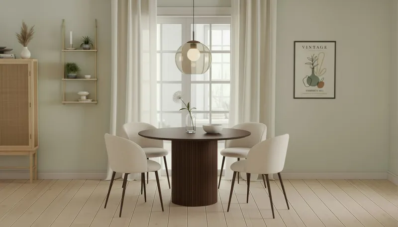 Kopparbo Runt Matbord 120 cm med 4 Greya Matstolar med armstöd - Mörkbrun / Vit Bouclé / Metallben Valnöt - Möbler - Matplats - Matgrupp & matbord med stolar