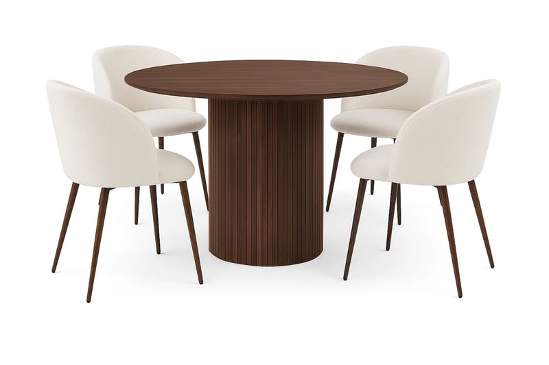 Kopparbo Runt Matbord 120 cm med 4 Greya Matstolar med armstöd, Mörkbrun / Vit Bouclé / Metallben Valnöt