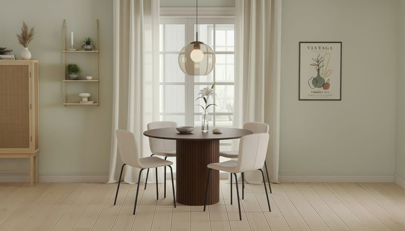 Kopparbo Runt Matbord 120 cm med 4 Katy Matstolar - Mörkbrun / Vit Bouclé / Metallben Svart - Möbler - Matplats - Matgrupp & matbord med stolar