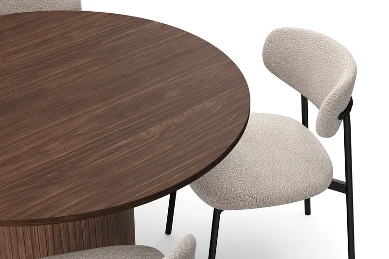 Kopparbo Runt Matbord 120 cm med 4 Lucy Matstolar - Mörkbrun / Greige Bouclé / Metallben Svart - Möbler - Matplats - Matgrupp & matbord med stolar