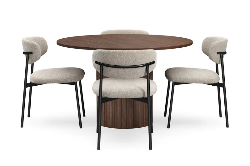 Kopparbo Runt Matbord 120 cm med 4 Lucy Matstolar - Mörkbrun / Greige Bouclé / Metallben Svart - Möbler - Matplats - Matgrupp & matbord med stolar