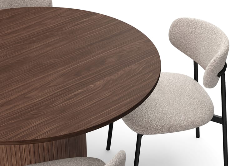 Kopparbo Runt Matbord 120 cm med 4 Lucy Matstolar - Mörkbrun / Greige Bouclé / Metallben Svart - Möbler - Matplats - Matgrupp & matbord med stolar