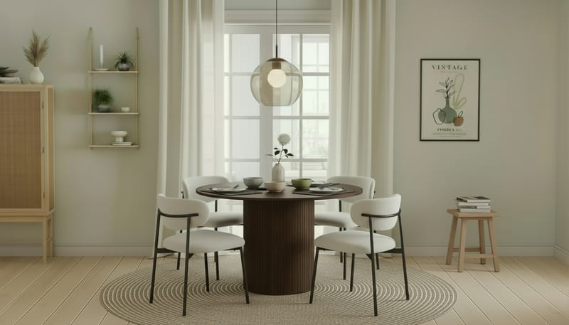 Kopparbo Runt Matbord 120 cm med 4 Lucy Matstolar - Mörkbrun / Vit Bouclé / Metallben Svart - Möbler - Matplats - Matgrupp & matbord med stolar