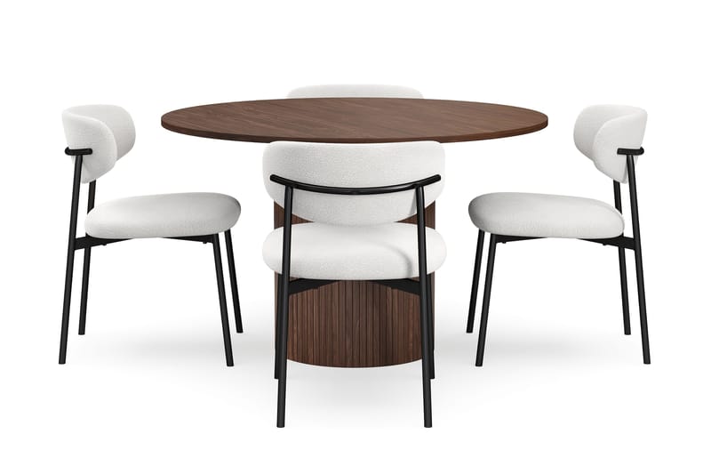 Kopparbo Runt Matbord 120 cm med 4 Lucy Matstolar - Mörkbrun / Vit Bouclé / Metallben Svart - Möbler - Matplats - Matgrupp & matbord med stolar