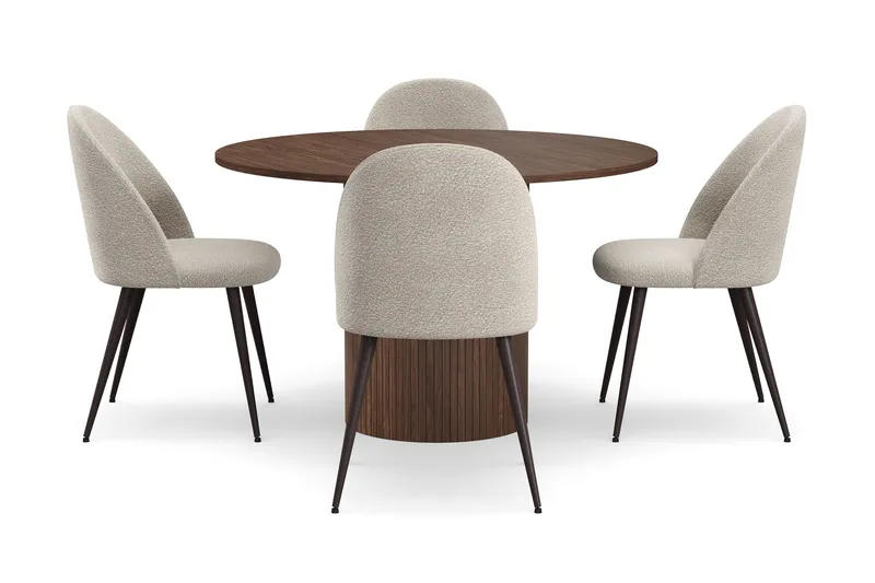 Kopparbo Runt Matbord 120 cm med 4 Nibe Plus Matstolar - Mörkbrun / Greige Bouclé / Metallben Valnöt - Möbler - Matplats - Matgrupp & matbord med stolar