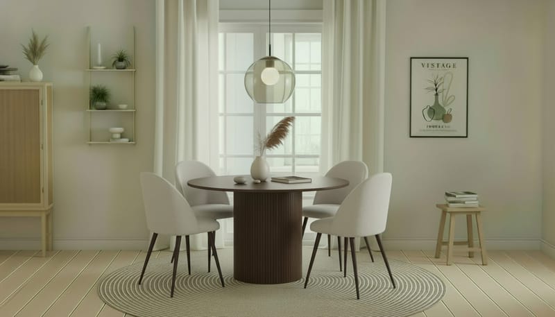 Kopparbo Runt Matbord 120 cm med 4 Nibe Plus Matstolar - Mörkbrun / Vit Bouclé / Metallben Valnöt - Möbler - Matplats - Matgrupp & matbord med stolar