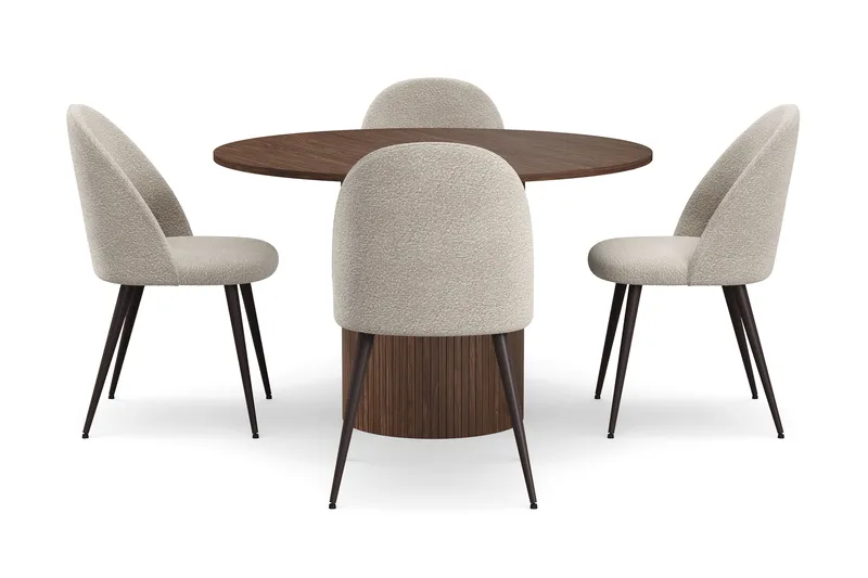 Kopparbo Runt Matbord 120 cm med 4 Nibe Plus Matstolar - Mörkbrun / Greige Bouclé / Metallben Valnöt - Möbler - Matplats - Matgrupp & matbord med stolar