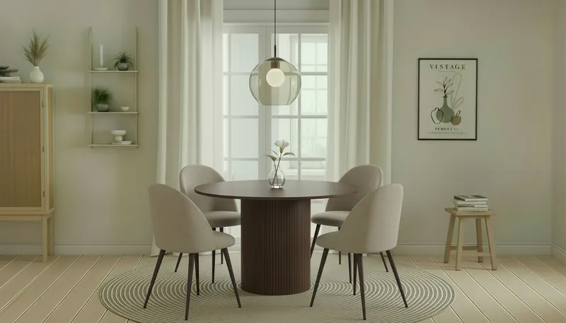 Kopparbo Runt Matbord 120 cm med 4 Nibe Plus Matstolar - Mörkbrun / Greige Bouclé / Metallben Valnöt - Möbler - Matplats - Matgrupp & matbord med stolar