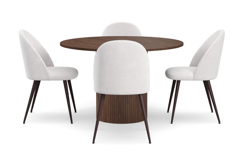Kopparbo Runt Matbord 120 cm med 4 Nibe Plus Matstolar - Mörkbrun / Vit Bouclé / Metallben Valnöt - Möbler - Matplats - Matgrupp & matbord med stolar