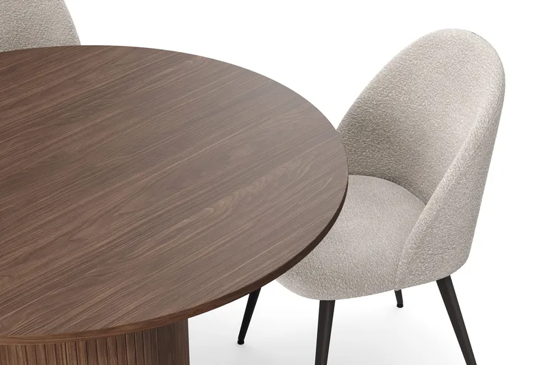 Kopparbo Runt Matbord 120 cm med 4 Nibe Plus Matstolar - Mörkbrun / Greige Bouclé / Metallben Valnöt - Möbler - Matplats - Matgrupp & matbord med stolar