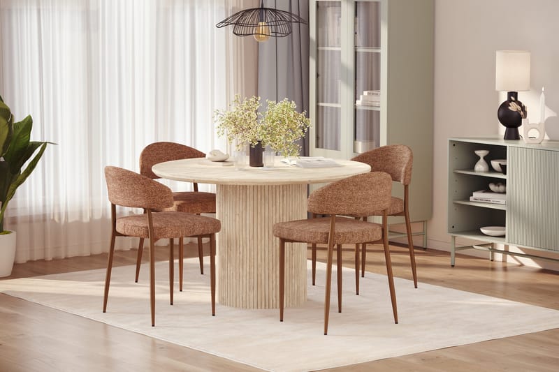 Kopparbo Runt Matbord 120cm Travetin utseende med 4 st Jairam Matstolar - Beige - Möbler - Matplats - Matgrupp & matbord med stolar