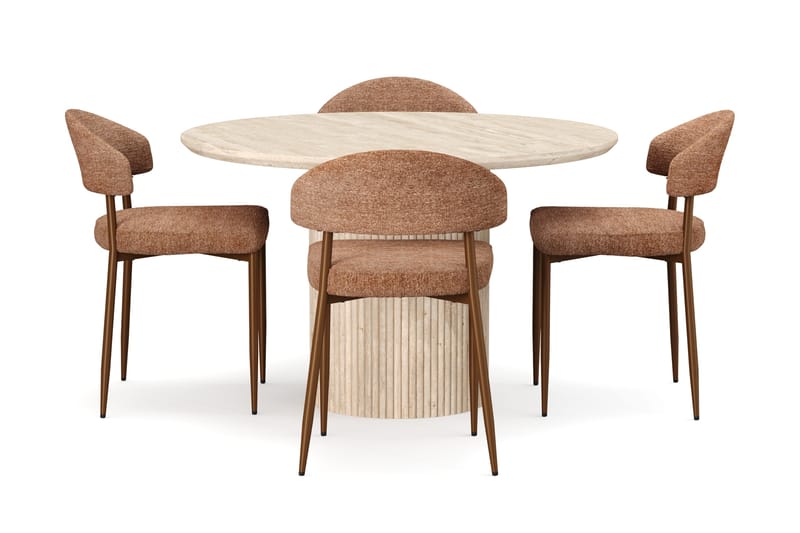 Kopparbo Runt Matbord 120cm Travetin utseende med 4 st Jairam Matstolar - Beige - Möbler - Matplats - Matgrupp & matbord med stolar