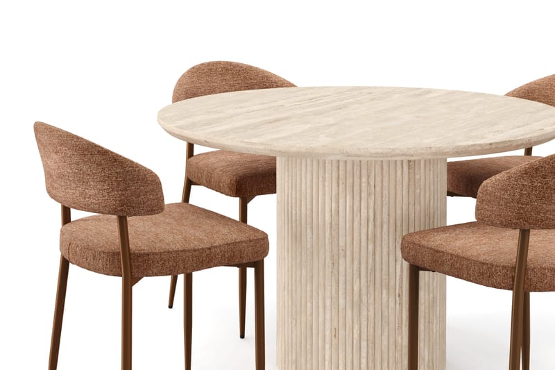 Kopparbo Runt Matbord 120cm Travetin utseende med 4 st Jairam Matstolar - Beige - Möbler - Matplats - Matgrupp & matbord med stolar